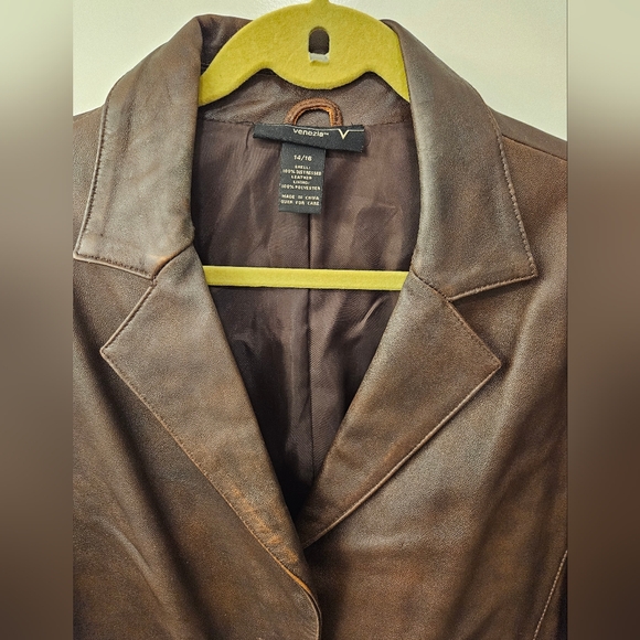 NWOT - Distressed Leather Venezia Brown Blazer - Vintage - 14/16 - Picture 4 of 10